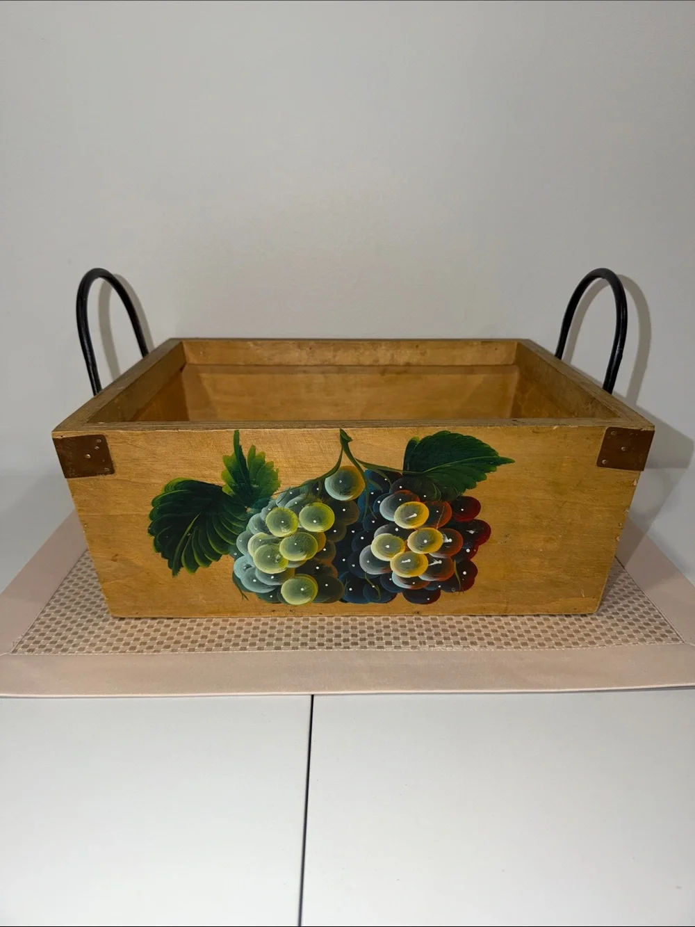 Handmade Vintage Wooden Caddy Metal Handles Painted Grapes Front
